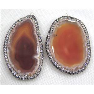 agate slice pendant pave rhinestone, red, approx 20-50mm [GMPDA5660]