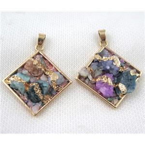 Fluorite pendant, square, copper, gold plated, approx 27-38mm [GMPDA5686]