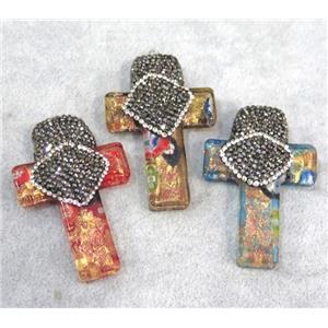 lampwork cross pendant paved rhinestone, mix color, approx 30-50mm [GMPDA5690]