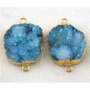 blue druzy agate connector, flat-round, gold plated, approx 25-30mm [GMPDA5696]
