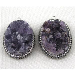 amethyst druzy pendant paved rhinestone, oval, approx 25-35mm [GMPDA5756]