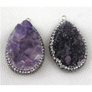 amethyst druzy pendant paved rhinestone, teardrop, approx 25-35mm [GMPDA5757]