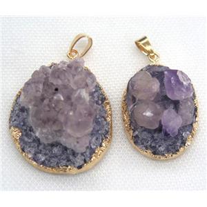 Amethyst druzy pendant, purple, freeform, gold plated, approx 20-40mm [GMPDA5773]