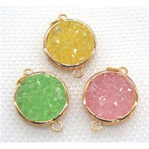 resin druzy connector, mix color, flat-round, gold plated, approx 16mm dia [GMPDA5810-16MM]