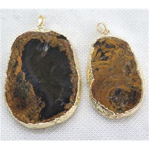 antique yellow Opal Jasper slice pendant, freeform, gold plated, approx 20-70mm [GMPDA6031]
