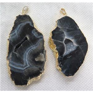 black agate slice pendant with geode, freeform, gold plated, approx 20-70mm [GMPDA6033]