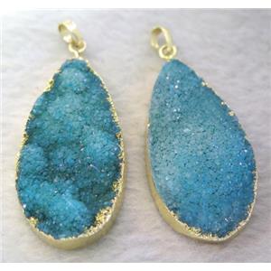 blue druzy quartz pendant, teardrop, gold plated, approx 25-50mm [GMPDA6043]