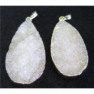white druzy quartz pendant, teardrop, gold plated, approx 25-50mm [GMPDA6044]