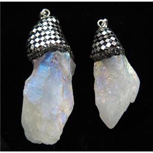 Clear Quartz Nugget pendant paved silver foil, rhinestone, freeform, white AB-color, approx 20-50mm [GMPDA6287]