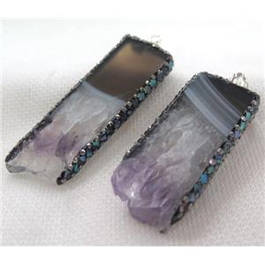 Amethyst rectangle pendant paved abalone shell foil, rhinestone, approx 20-60mm [GMPDA6297]