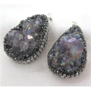 Amethyst druzy teardrop pendant paved silver foil, rhinestone, approx 15-40mm [GMPDA6299]