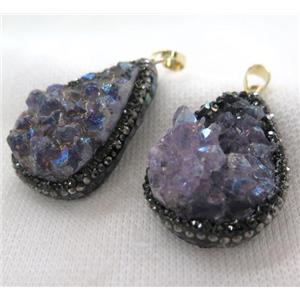 Amethyst druzy teardrop pendant paved abalone shell foil, rhinestone, approx 15-40mm [GMPDA6300]