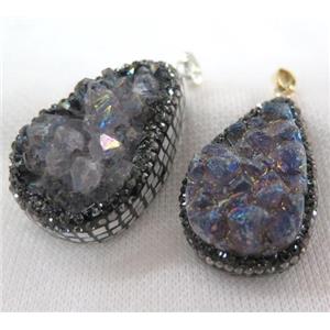 Amethyst druzy teardrop pendant paved foil, rhinestone, approx 15-40mm [GMPDA6302]