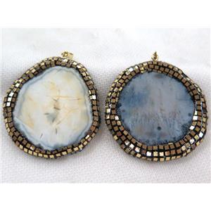 dragon veins agate slice pendant paved gold foil, rhinestone, mix color, approx 40-70mm [GMPDA6308]