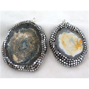 dragon veins agate slice pendant paved silver foil, rhinestone, mix color, approx 40-70mm [GMPDA6309]