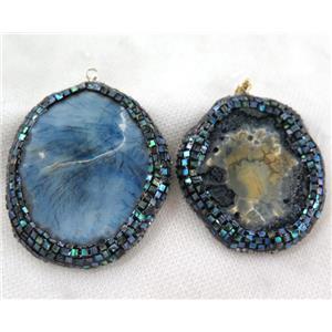 dragon veins agate slice pendant paved abalone shell foil, rhinestone, mix color, approx 40-70mm [GMPDA6310]