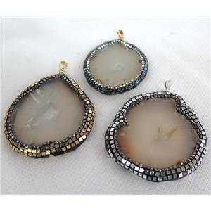 gray agate geode pendant paved foil, rhinestone, freeform slice, approx 25-50mm [GMPDA6315]