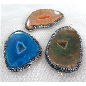geode agate connector paved foil, rhinestone, mix color, freeform slice, approx 20-50mm [GMPDA6317]