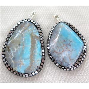 blue dragon veins agate pendant paved silver foil, rhinestone, faceted freeform, approx 25-60mm [GMPDA6322]