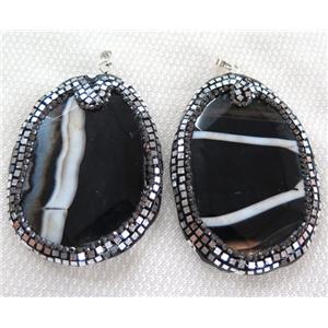 black agate pendant paved silver foil, rhinestone, freeform slice, approx 30-80mm [GMPDA6327]