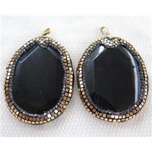 black agate pendant paved gold foil, rhinestone, faceted freeform slice, approx 30-80mm [GMPDA6328]