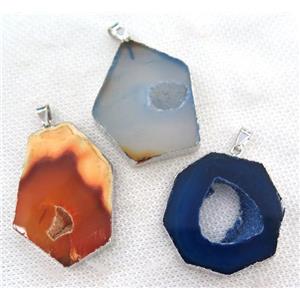 agate geode druzy pendant, mix color, freeform, silver plated, approx 20-40mm [GMPDA6382]