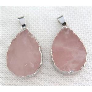 rose quartz pendant, teardrop, silver plated, approx 20-27mm [GMPDA6402]