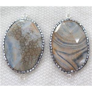 Dragon veins Agate connector pave silver foil, faceted oval, approx 38-50mm [GMPDA6412]