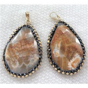 Dragon veins Agate pendant pave gold foil, faceted teardrop, approx 30-48mm [GMPDA6416]