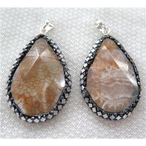 Dragon veins Agate pendant pave silver foil, faceted teardrop, approx 30-48mm [GMPDA6417]