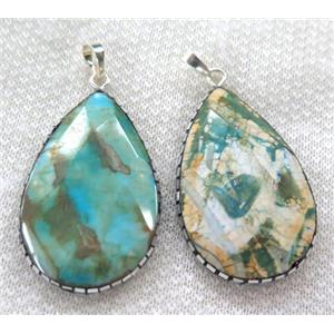 green Dragon veins Agate pendant pave silver foil, faceted teardrop, approx 30-48mm [GMPDA6419]