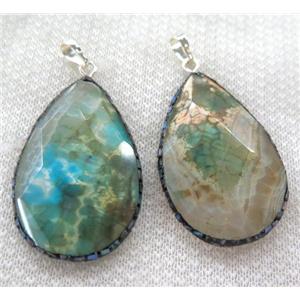 green Dragon veins Agate pendant pave abalone shell foil, faceted teardrop, approx 30-48mm [GMPDA6420]