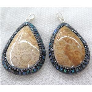 Coral Fossil Pendant Pave Abalone Shell Foil, teardrop, approx 30-50mm [GMPDA6424]