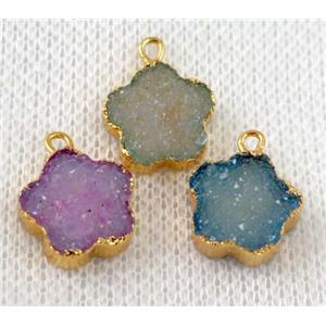 druzy agate flower pendant, mix color, gold plated, approx 12-14mm [GMPDA6461]