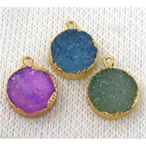 druzy agate pendant, mix color, flat-round, gold plated, approx 12-14mm [GMPDA6463]