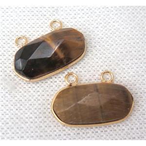 Tiger eye stone pendant with 2loops, yellow, faceted oval, gold plated, approx 13-25mm [GMPDA6482]