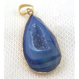 blue agate druzy pendant, faceted teardrop, gold plated, approx 20-35mm [GMPDA6522]