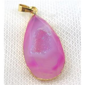 pink agate druzy pendant, faceted teardrop, gold plated, approx 20-35mm [GMPDA6523]