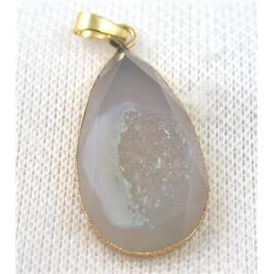 gray agate druzy pendant, faceted teardrop, gold plated, approx 20-35mm [GMPDA6524]