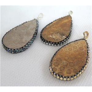 Coral Fossil teardrop pendant paved foil, yellow, approx 25-55mm [GMPDA6567]