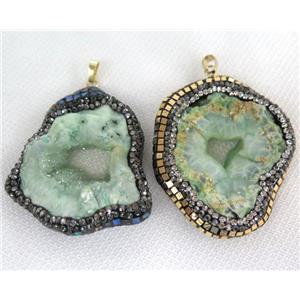 green Agate Druzy geode pendant paved foil, rhinestone, freeform, approx 30-60mm [GMPDA6570]