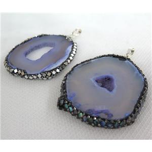 purple agate druzy geode slice pendant paved foil, rhinestone, freeform, approx 25-50mm [GMPDA6573]