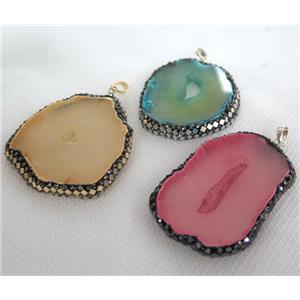 agate druzy slice pendant paved foil, rhinestone, freeform, mix color, approx 25-50mm [GMPDA6576]