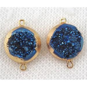 blue druzy quartz connector, flat round, gold plated, approx 16mm dia [GMPDA6582]