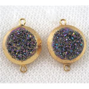 rainbow druzy quartz connector, flat round, gold plated, approx 16mm dia [GMPDA6583]