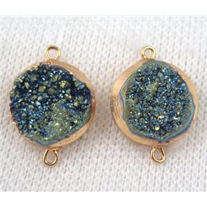 green druzy quartz connector, flat round, gold plated, approx 16mm dia [GMPDA6584]