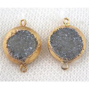 blue-gray druzy quartz connector, flat round, gold plated, approx 16mm dia [GMPDA6586]