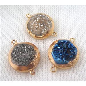 druzy quartz connector, mix color, flat round, gold plated, approx 16mm dia [GMPDA6589]