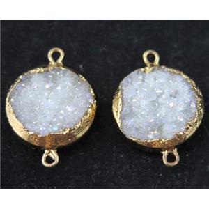 white AB-color druzy quartz connector, flat round, gold plated, approx 16mm dia [GMPDA6592]