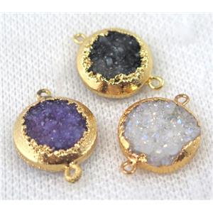 mixed druzy quartz connector, flat round, gold plated, approx 16mm dia [GMPDA6593]